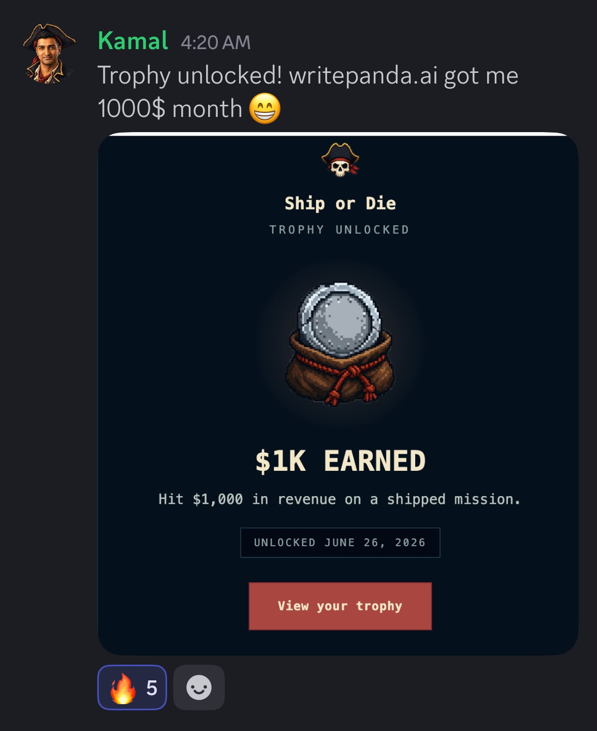Crew member Kamal unlocked the $1K trophy after writepanda.ai hit $1,000/month